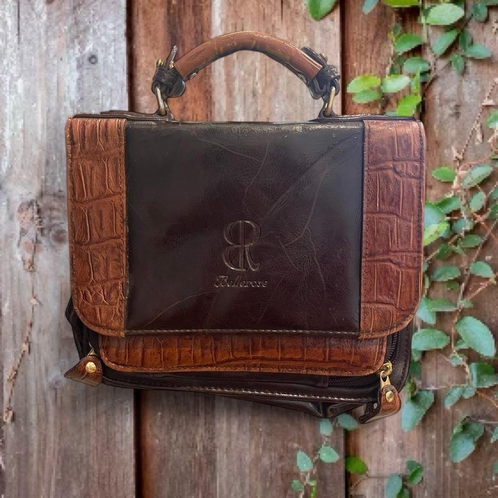 Bellerose Vintage Brown Faux Leather Croc Embossed Top Handle Organizer Bag